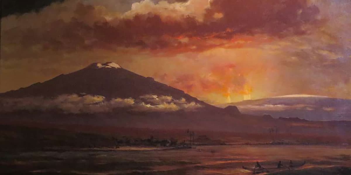 Mauna Loa eruption in 1889. The sky is orange and filled with volcanic smog.