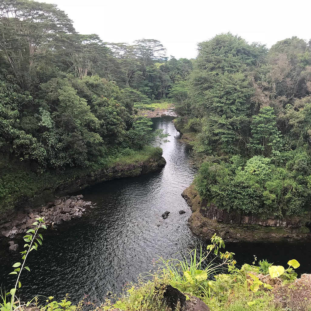 Hawaii family vacation: river at the bottom of Rainbow Falls